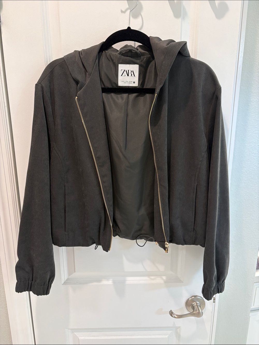 Zara Charcoal Hooded Bomber Jacket with Gold Zipper
